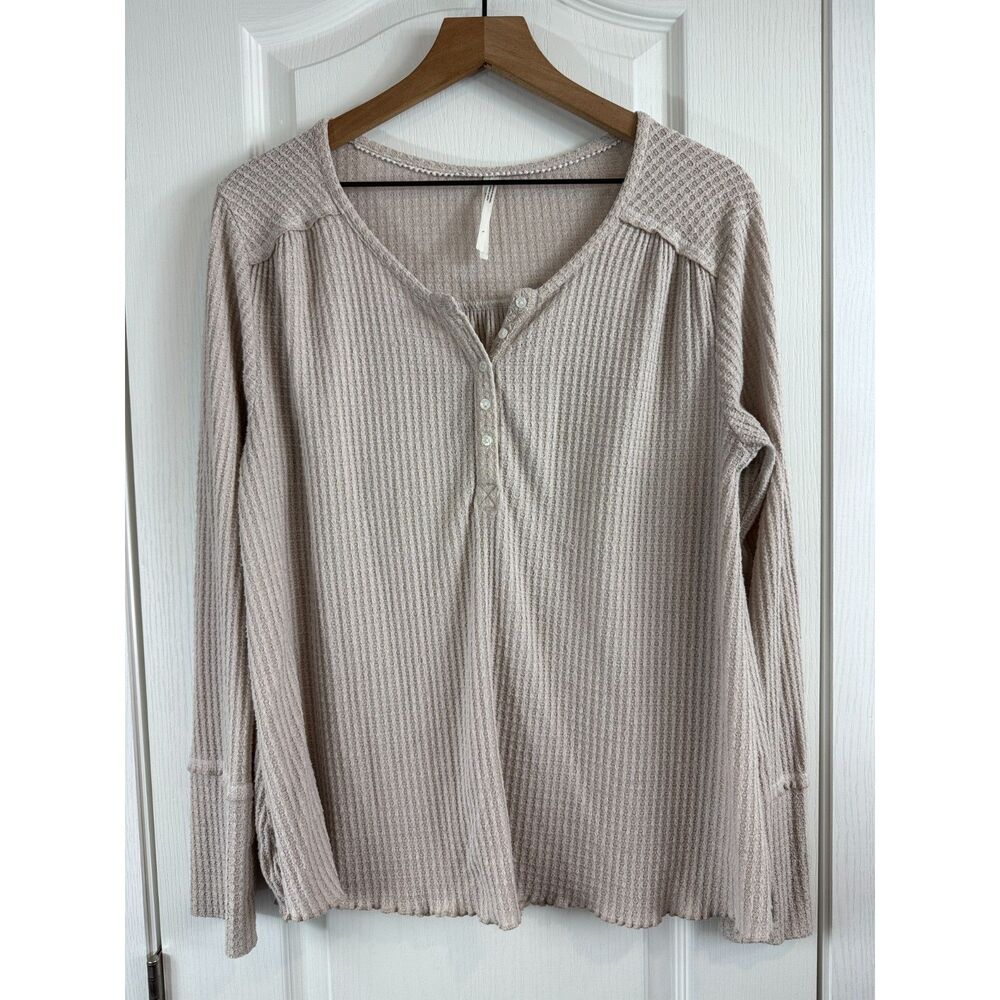 Anthropologie Womens Henley Top Large Beige Waffle Knit Long Sleeve Stretch